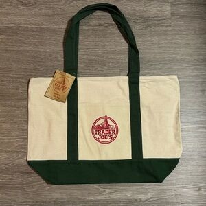 Trader Joe's Canvas Beige Green Tote Bag NWT